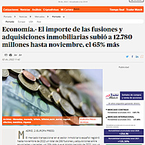 Economa.- El importe de las fusiones y adquisiciones inmobiliarias subi a 12.780 millones hasta noviembre, el 65% ms